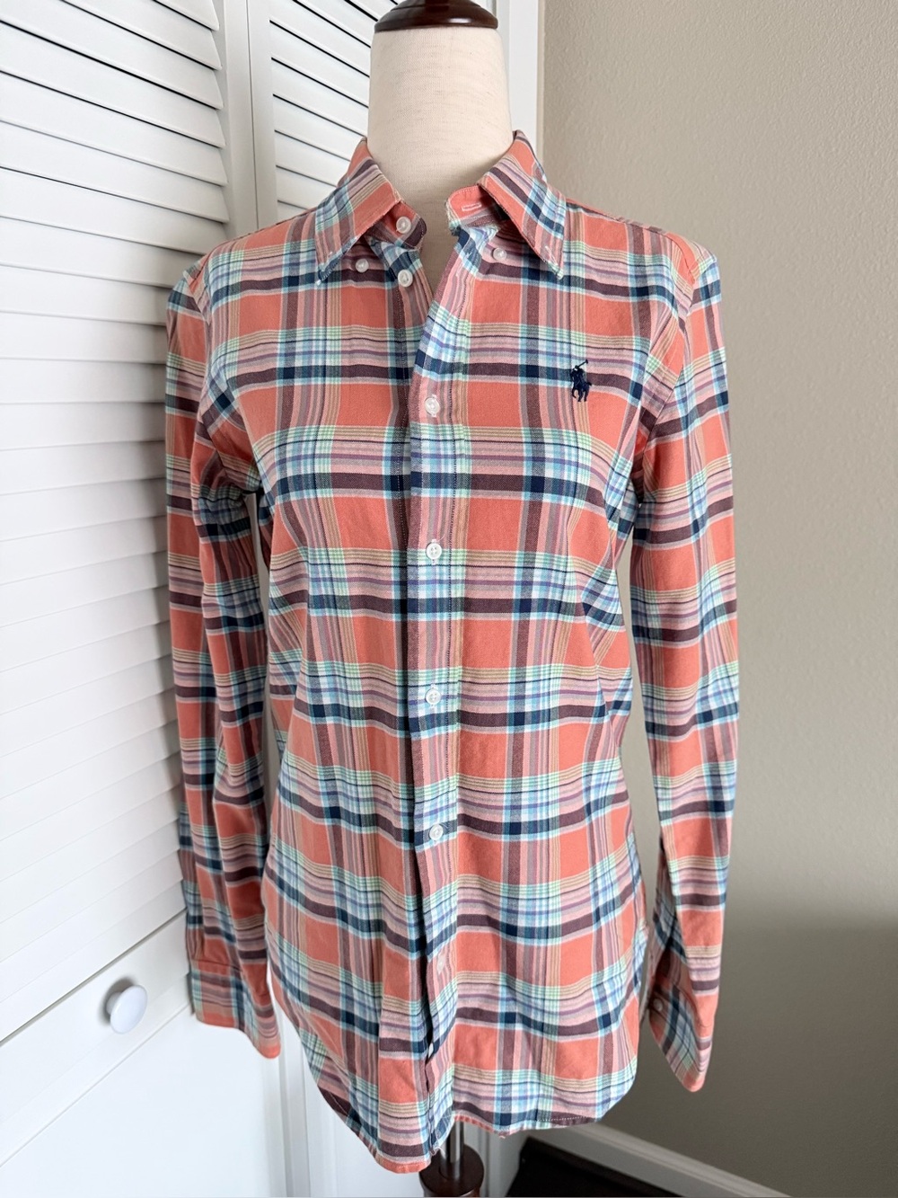 Ralph Lauren Women’s Coral Plaid Button-Down Shirt Size 4 Euc